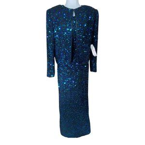 Lawrence Kazar S Silk Gown& Jacket Beaded Sequin Evening Party Blue Green MOTB